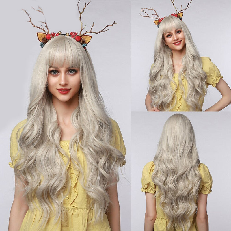 Women's Long Wavy Wig Pink High-Temperature Fiber with Bangs 24