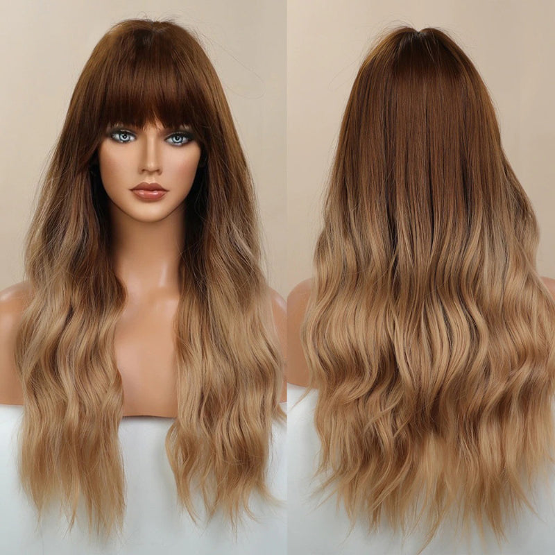 Women's Long Wavy Wig Pink High-Temperature Fiber with Bangs 26