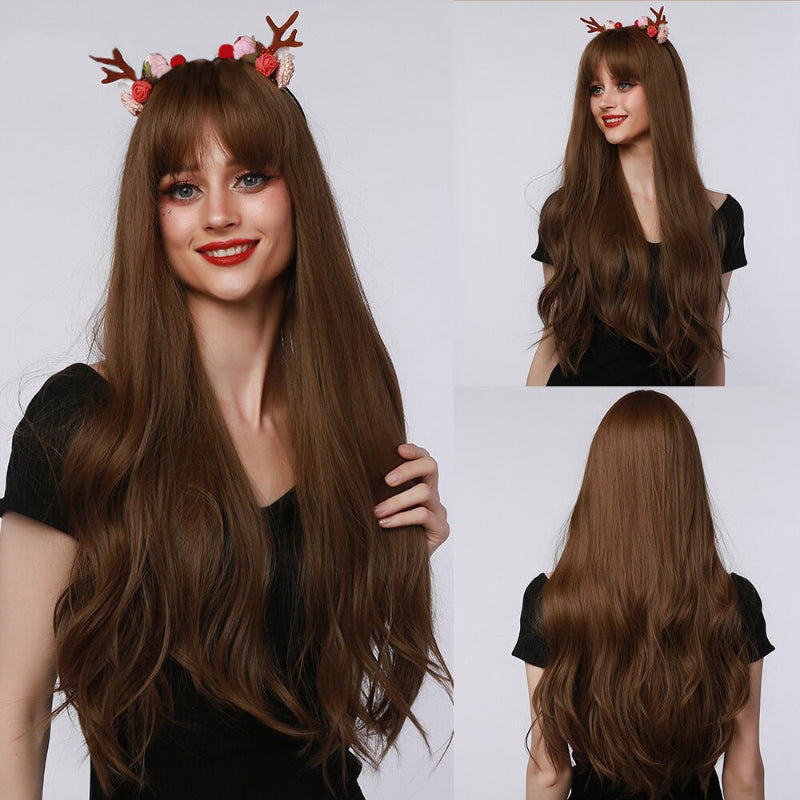 Women's Long Wavy Wig Pink High-Temperature Fiber with Bangs 27