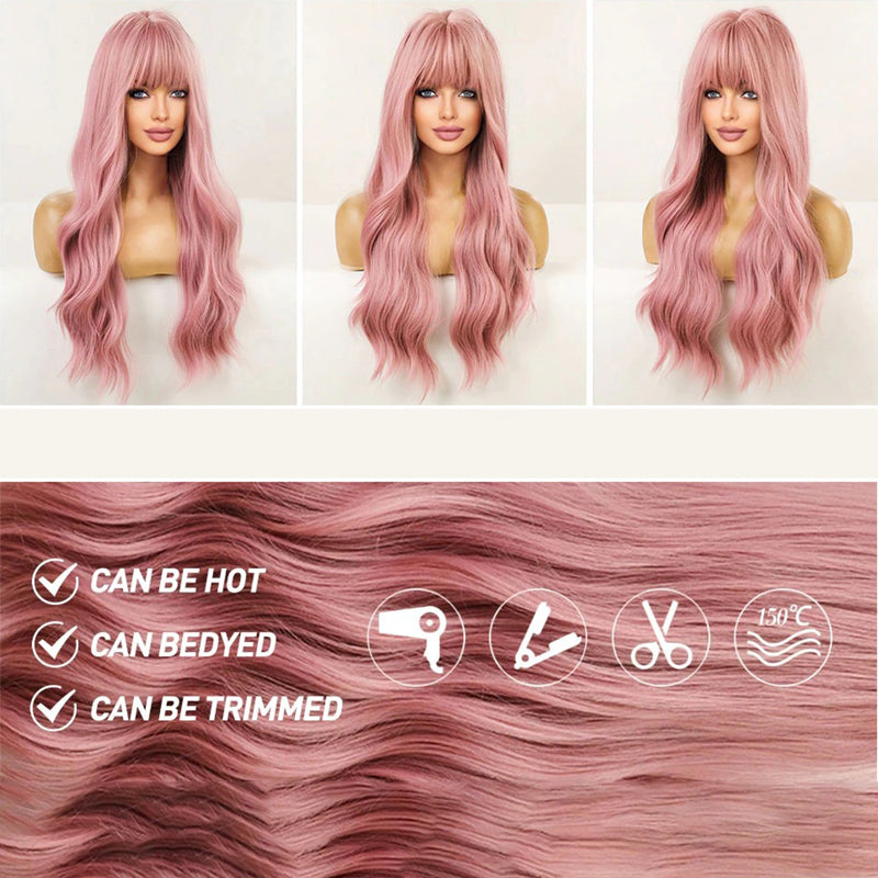 Women's Long Wavy Wig Pink High-Temperature Fiber with Bangs 3