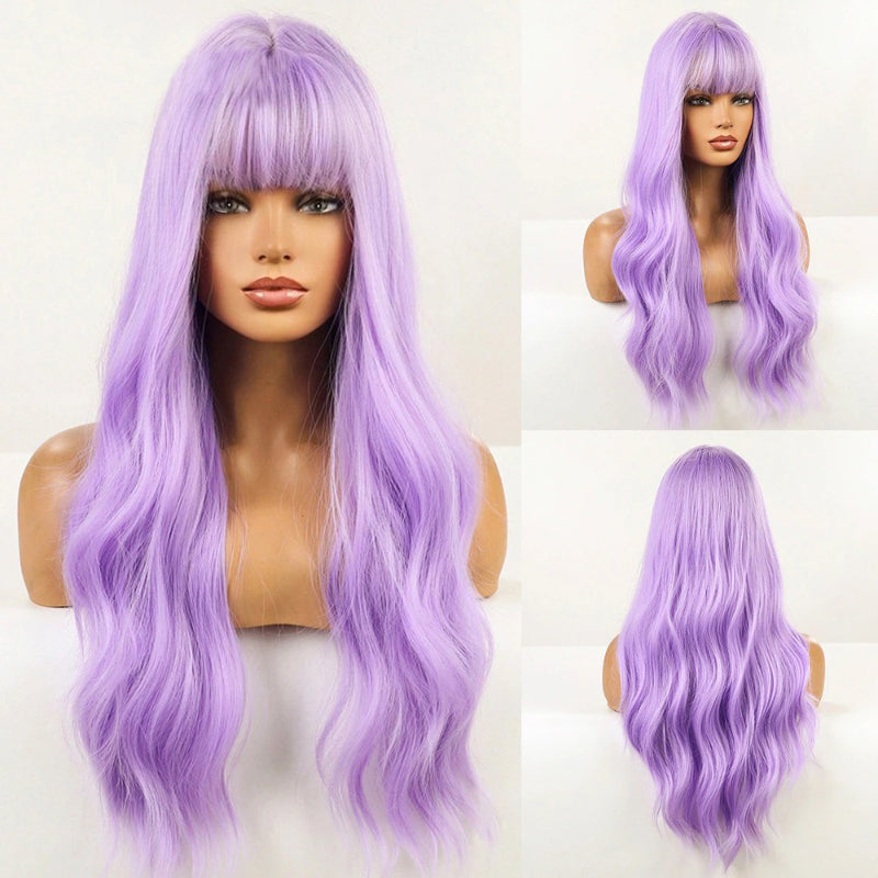 Women's Long Wavy Wig Pink High-Temperature Fiber with Bangs 4