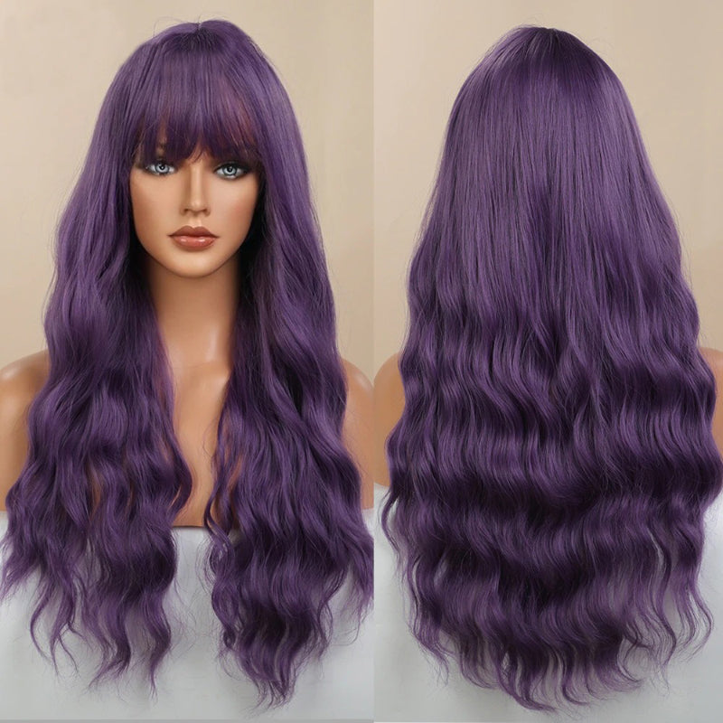 Women's Long Wavy Wig Pink High-Temperature Fiber with Bangs 6