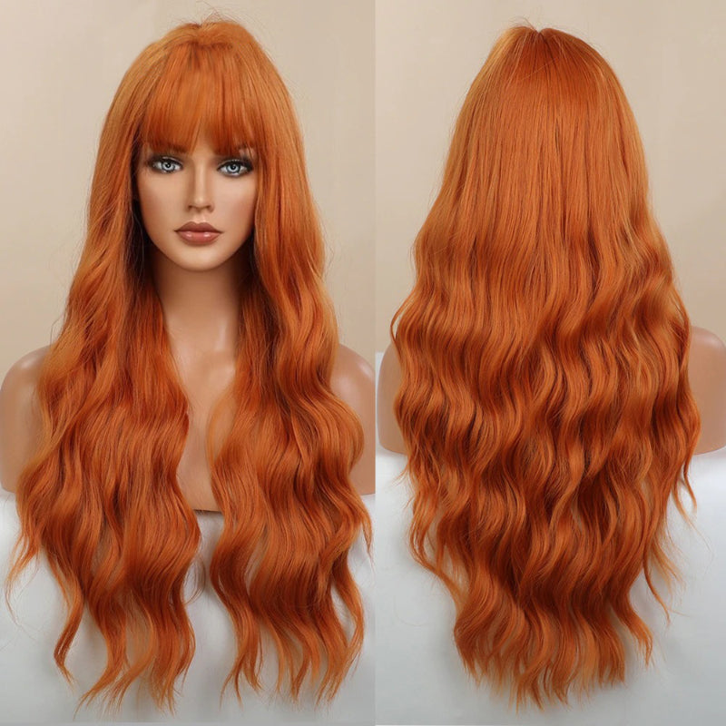 Women's Long Wavy Wig Pink High-Temperature Fiber with Bangs 8