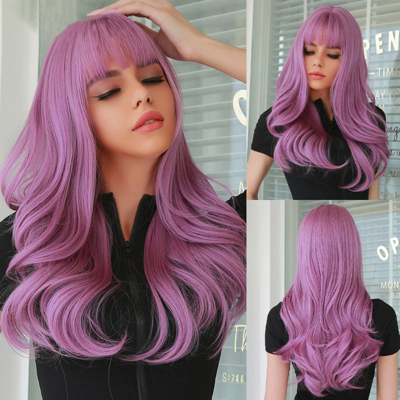 Women's Long Wavy Wig Pink High-Temperature Fiber with Bangs 9
