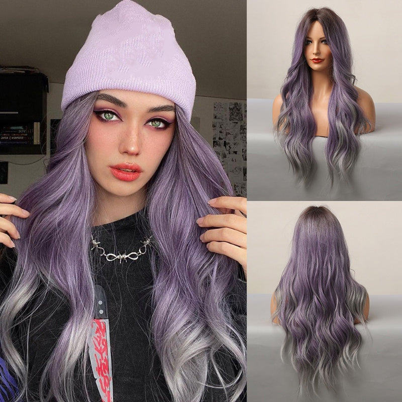 Women's Long Wavy Wig Purple Gray Ombre High-Temperature Fiber 0