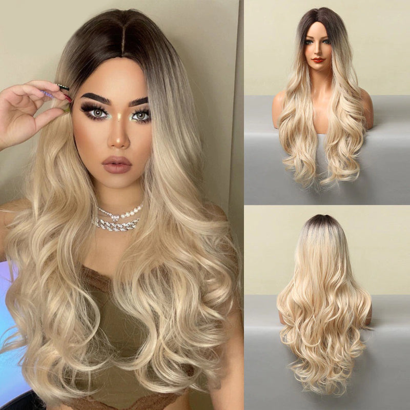 Women's Long Wavy Wig Purple Gray Ombre High-Temperature Fiber 19