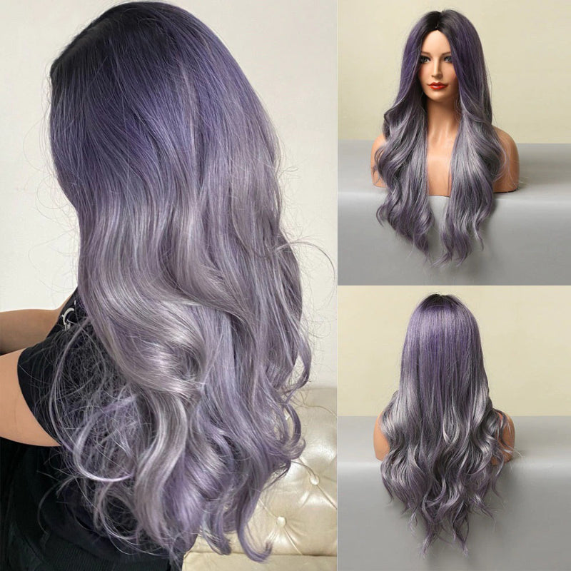 Women's Long Wavy Wig Purple Gray Ombre High-Temperature Fiber 2