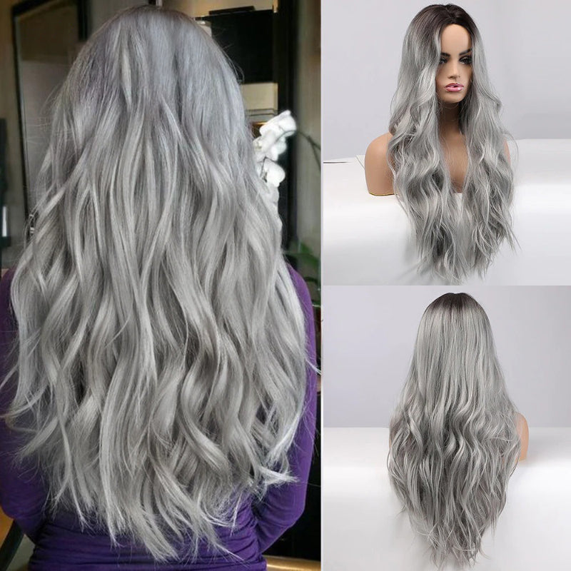 Women's Long Wavy Wig Purple Gray Ombre High-Temperature Fiber 8