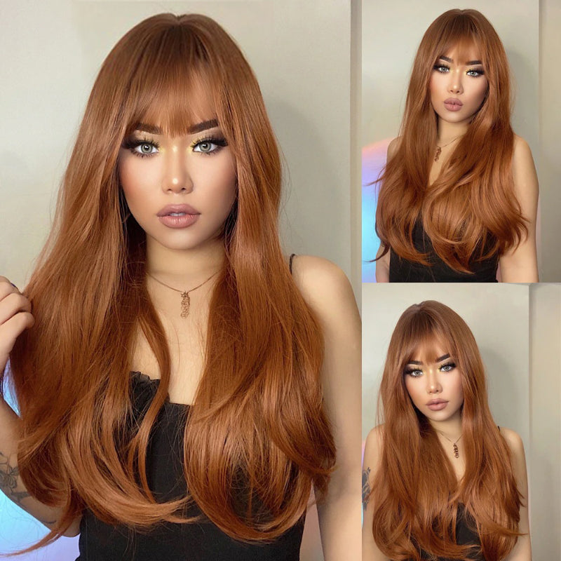 Women's Long Wig Copper Brown Synthetic Fiber with Bangs 0