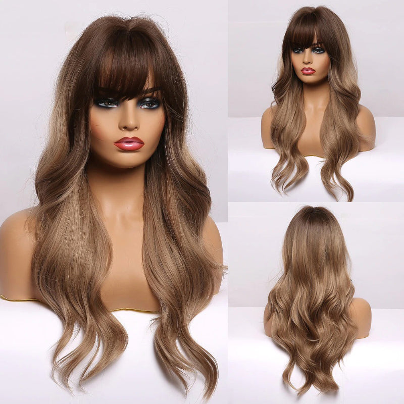 Women's Long Wig Copper Brown Synthetic Fiber with Bangs 10