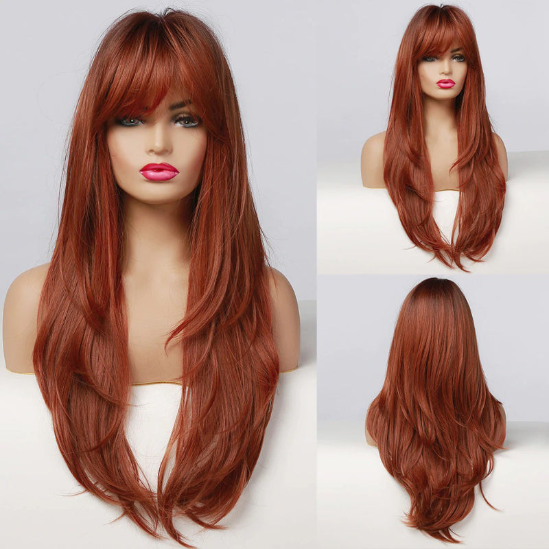 Women's Long Wig Copper Brown Synthetic Fiber with Bangs 11