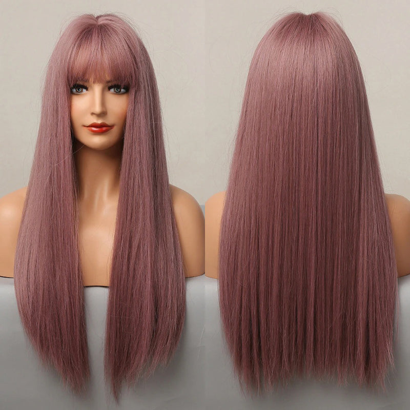 Women's Long Wig Copper Brown Synthetic Fiber with Bangs 12