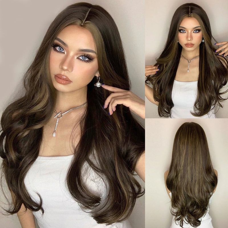 Women's Long Wig Copper Brown Synthetic Fiber with Bangs 13