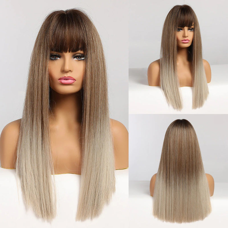 Women's Long Wig Copper Brown Synthetic Fiber with Bangs 14