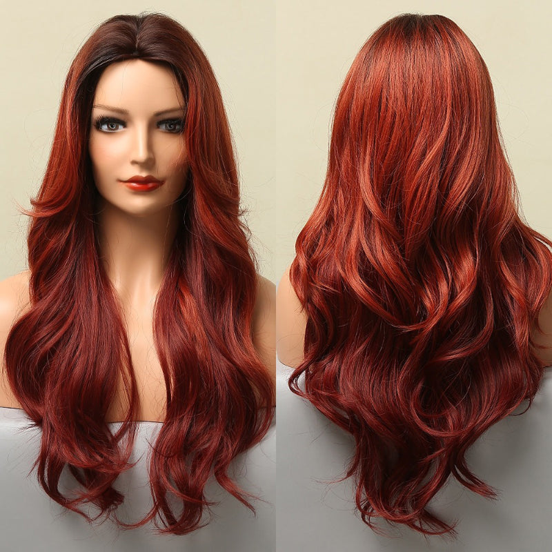Women's Long Wig Copper Brown Synthetic Fiber with Bangs 16