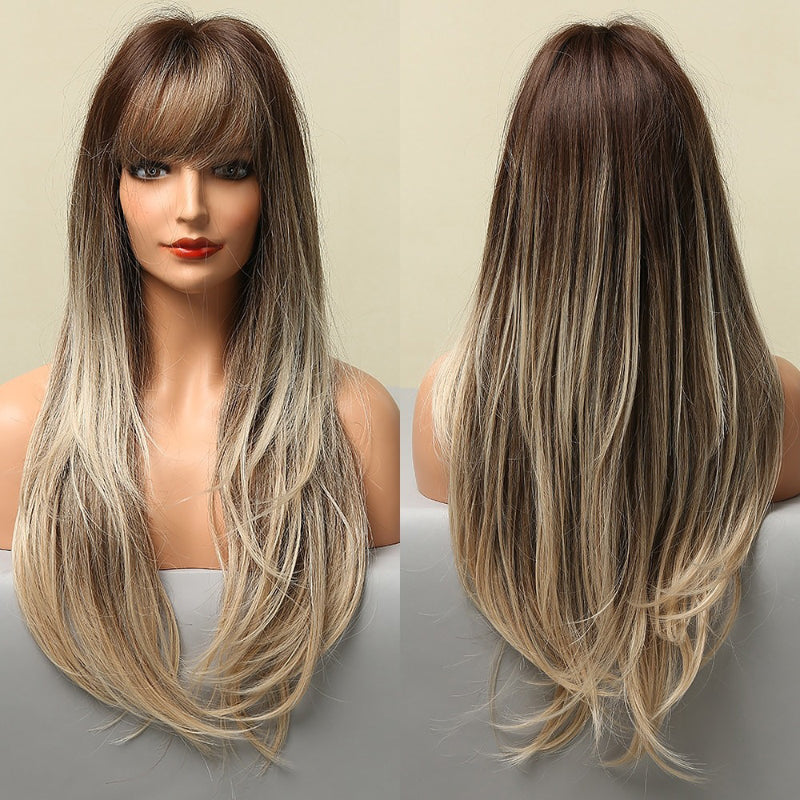 Women's Long Wig Copper Brown Synthetic Fiber with Bangs 17