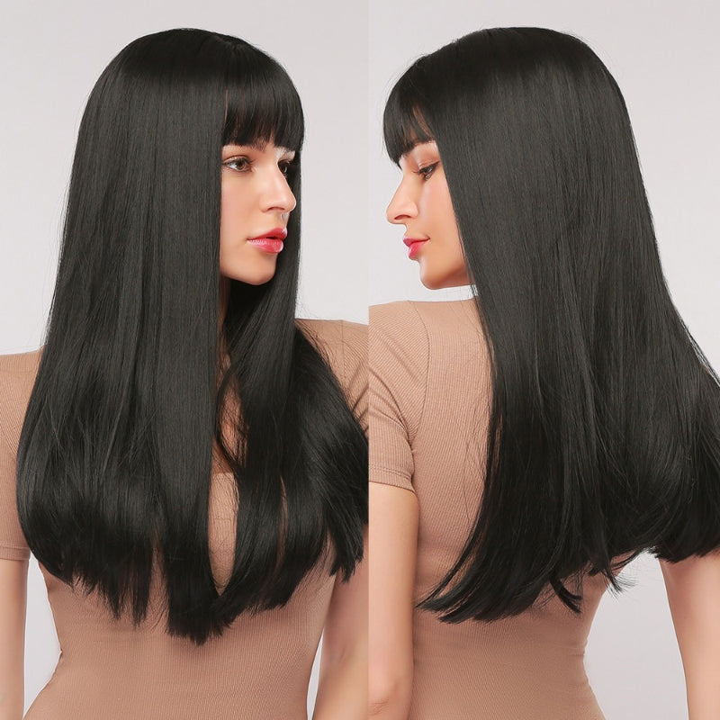 Women's Long Wig Copper Brown Synthetic Fiber with Bangs 18