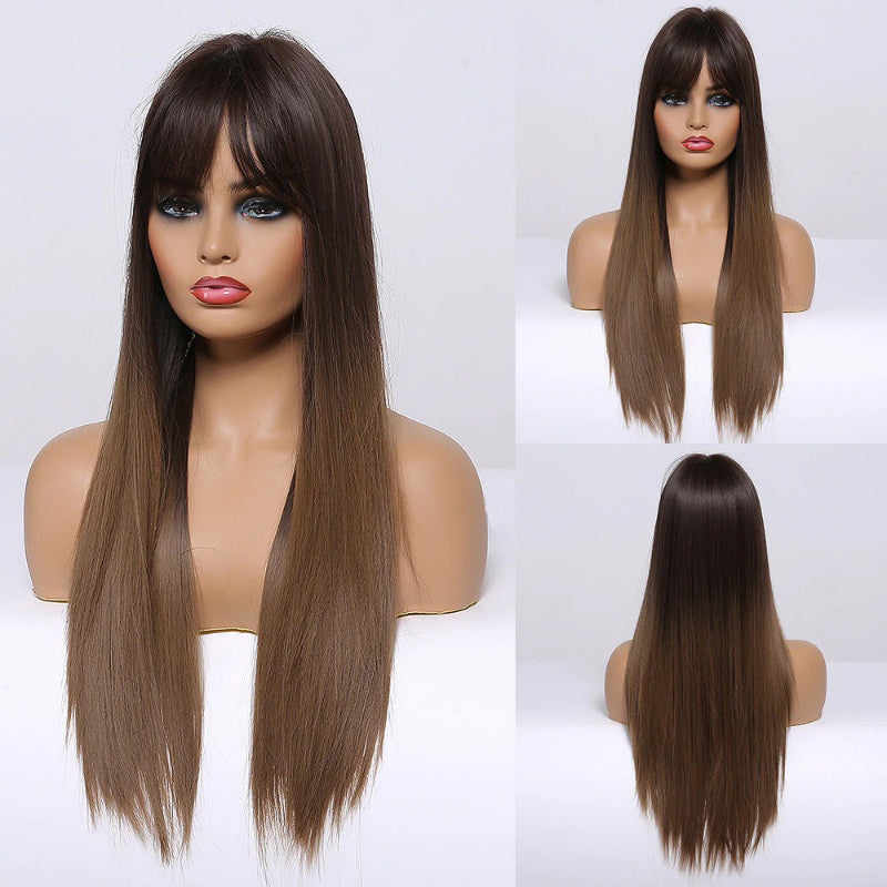 Women's Long Wig Copper Brown Synthetic Fiber with Bangs 19