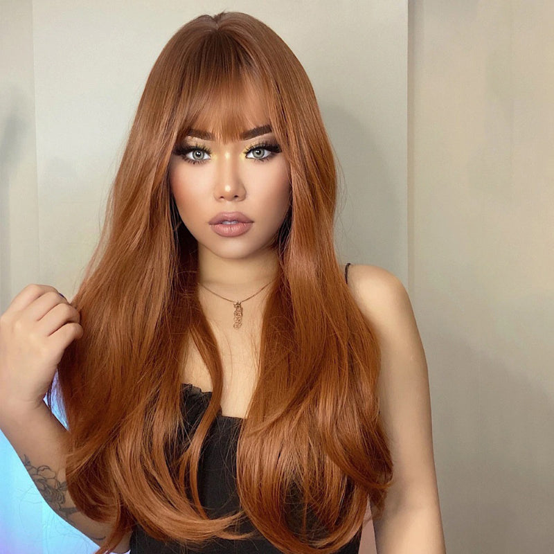 Women's Long Wig Copper Brown Synthetic Fiber with Bangs 2