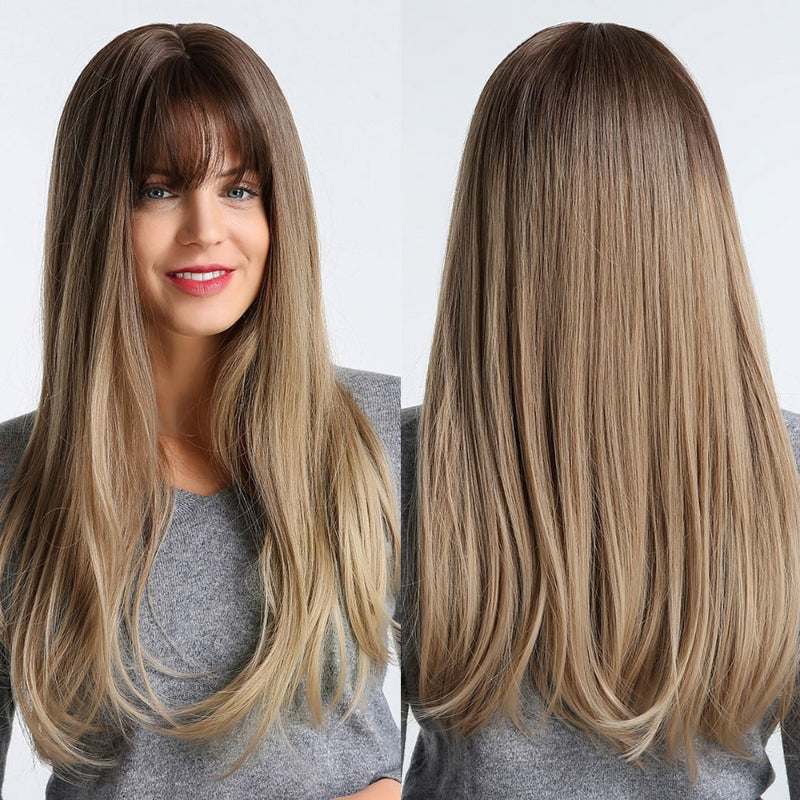 Women's Long Wig Copper Brown Synthetic Fiber with Bangs 20