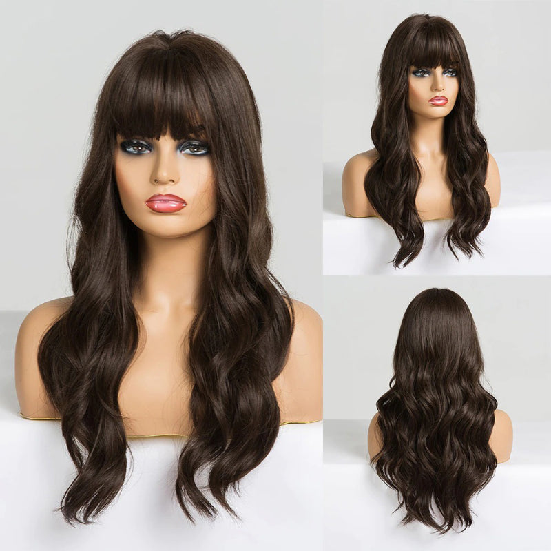 Women's Long Wig Copper Brown Synthetic Fiber with Bangs 21