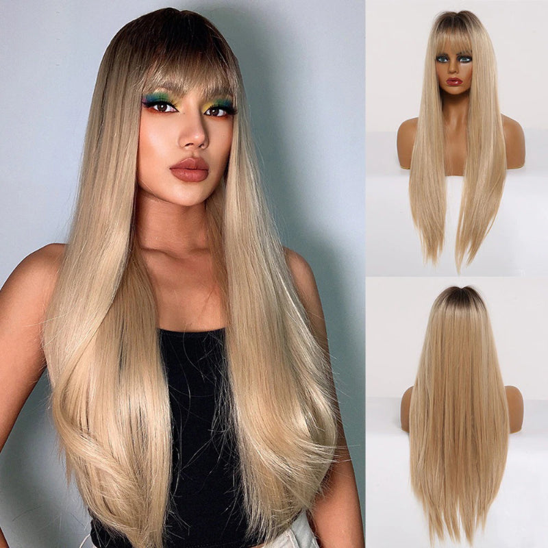 Women's Long Wig Copper Brown Synthetic Fiber with Bangs 22