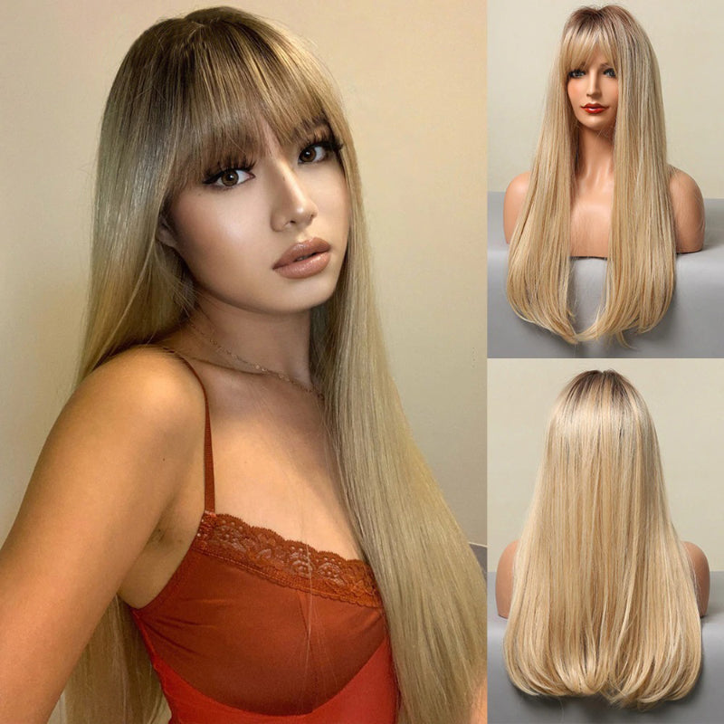 Women's Long Wig Copper Brown Synthetic Fiber with Bangs 23