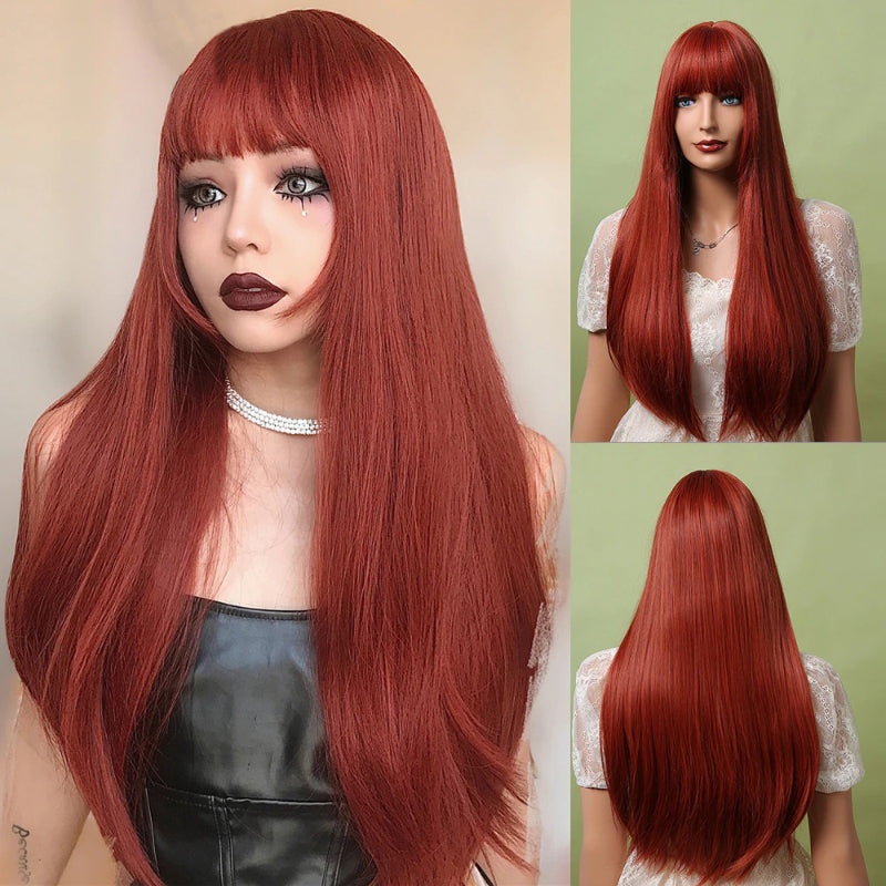 Women's Long Wig Copper Brown Synthetic Fiber with Bangs 24