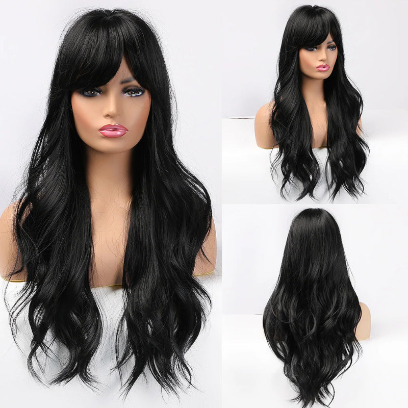 Women's Long Wig Copper Brown Synthetic Fiber with Bangs 25