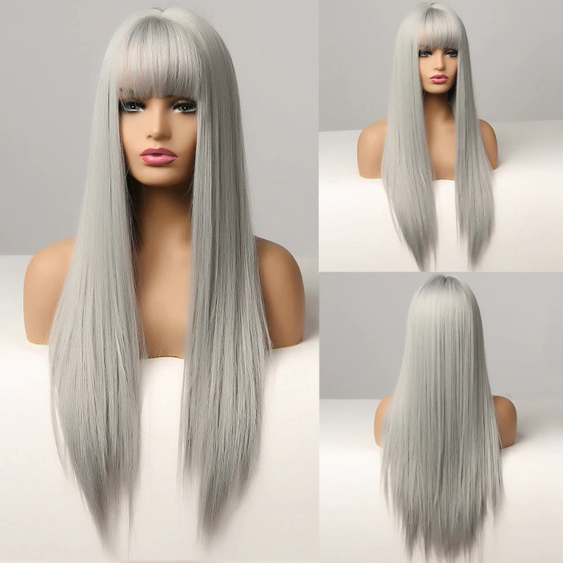 Women's Long Wig Copper Brown Synthetic Fiber with Bangs 26