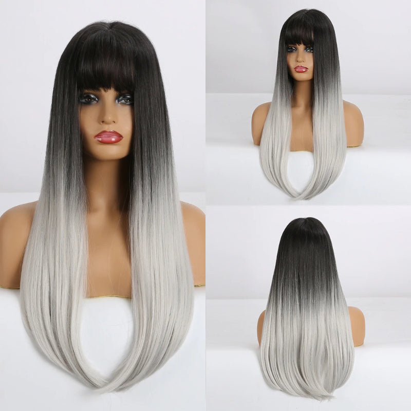 Women's Long Wig Copper Brown Synthetic Fiber with Bangs 27