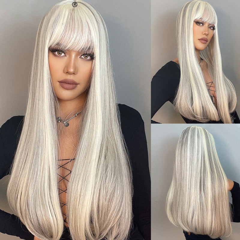 Women's Long Wig Copper Brown Synthetic Fiber with Bangs 28