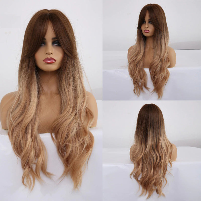 Women's Long Wig Copper Brown Synthetic Fiber with Bangs 29