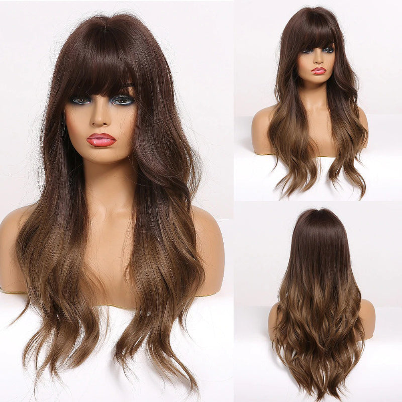 Women's Long Wig Copper Brown Synthetic Fiber with Bangs 30