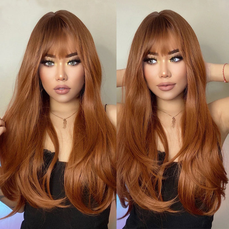 Women's Long Wig Copper Brown Synthetic Fiber with Bangs 5