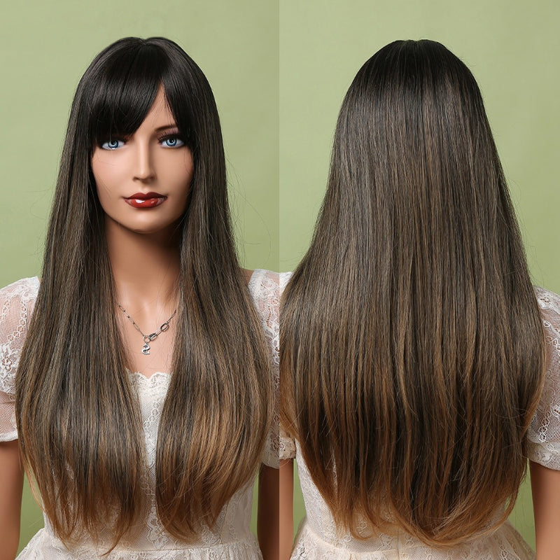 Women's Long Wig Copper Brown Synthetic Fiber with Bangs 8