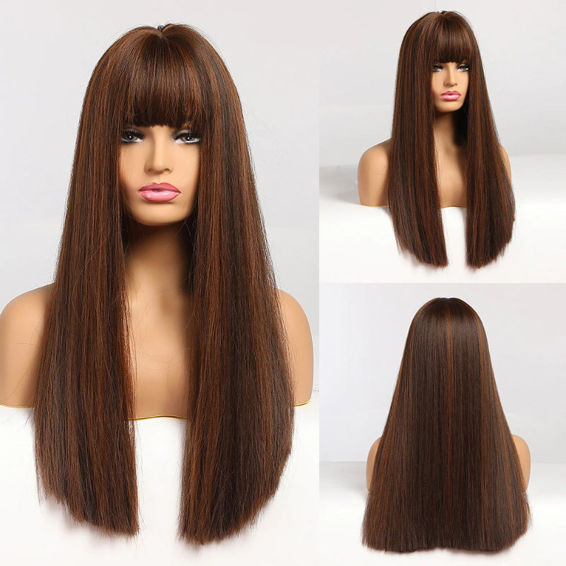Women's Long Wig Copper Brown Synthetic Fiber with Bangs 9