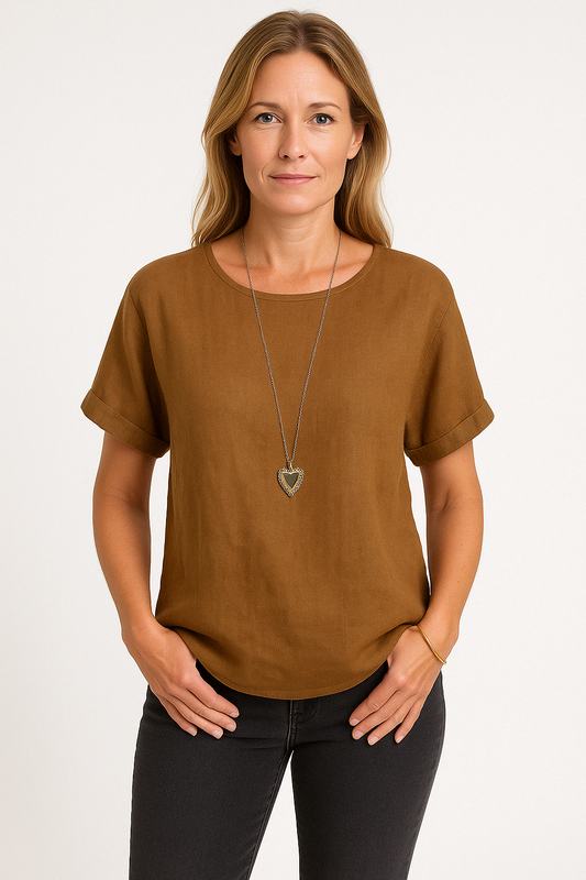 Women's Loose Fit Linen Blend T-Shirt with Short Sleeves and Curved Hem 1