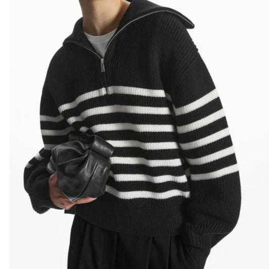 Women's Loose Striped Zip-Up Long Sleeve Knitted Sweater 0