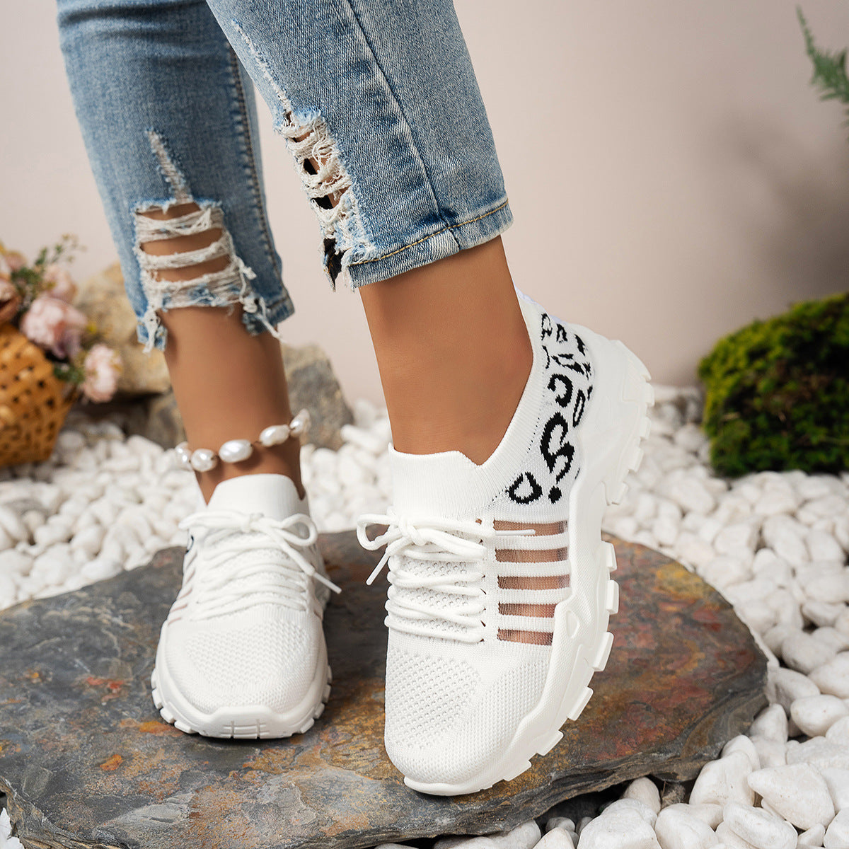 Women’s Low-Top Athletic Sneakers with Flyknit Upper and Wave Sole – Animal Print Design 3