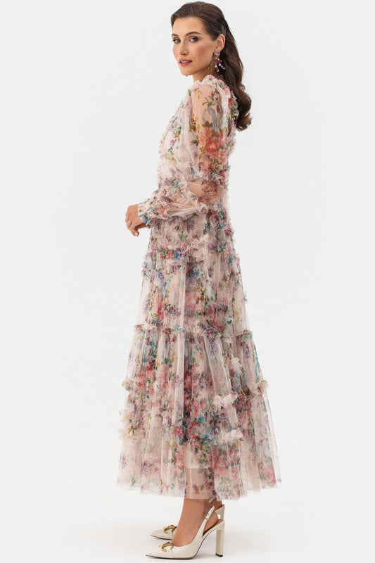 Women's Maxi Dress Apricot Tulle Floral Elegant 1