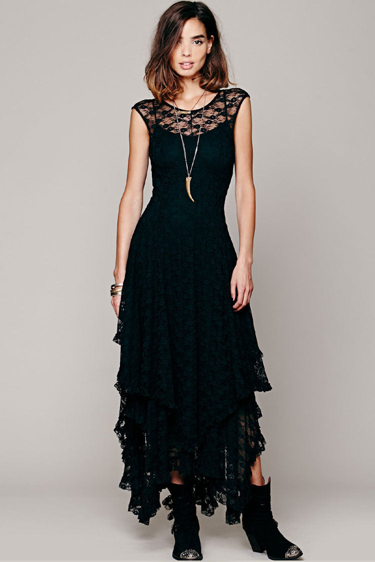 Women's Maxi Dress Black Lace Asymmetric Ruffle 0