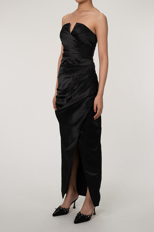 Women's Maxi Dress Black Satin Strapless Formal Cocktail