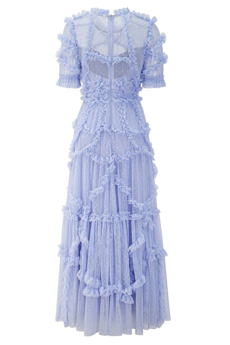 Women's Maxi Dress Blue Dotted Tulle Ruffle 3