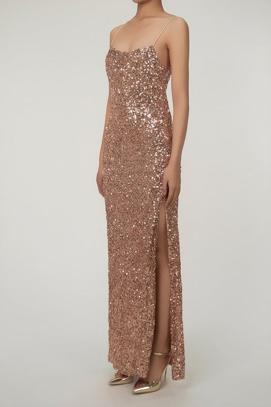 Women's Maxi Dress Bronze Gold Sequin Polyester with Thigh-High Split 1