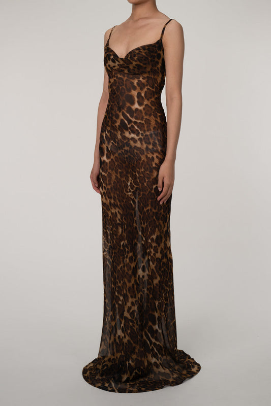 Women's Maxi Dress Coffee Chiffon Leopard Print 1