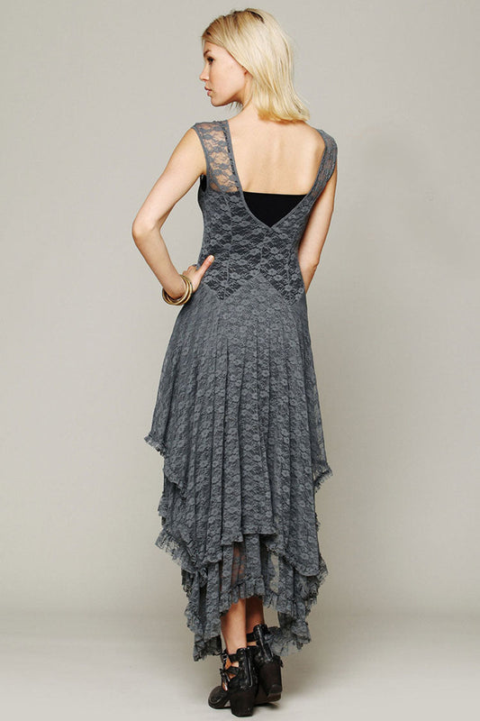 Women's Maxi Dress Gray Lace Sleeveless Asymmetric Ruffle 1