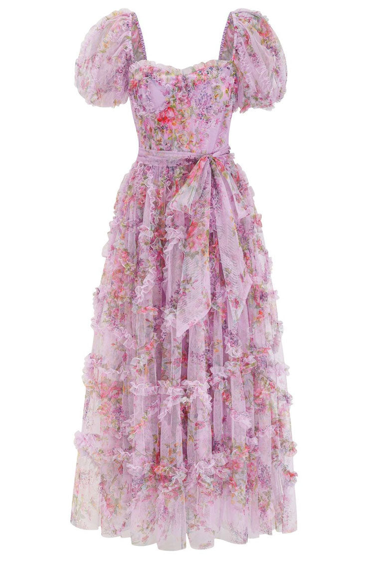 Women's Maxi Dress Purple Floral Tulle Ruffle 3