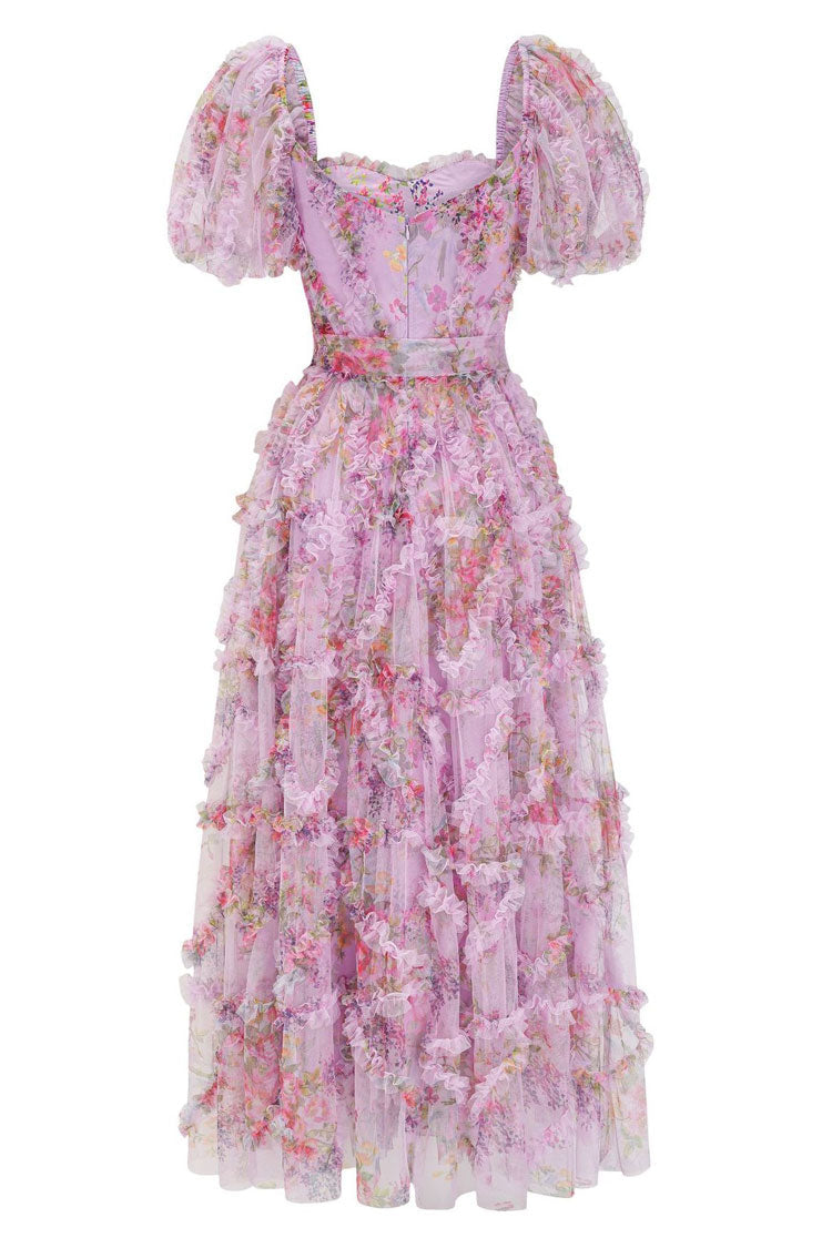 Women's Maxi Dress Purple Floral Tulle Ruffle 4