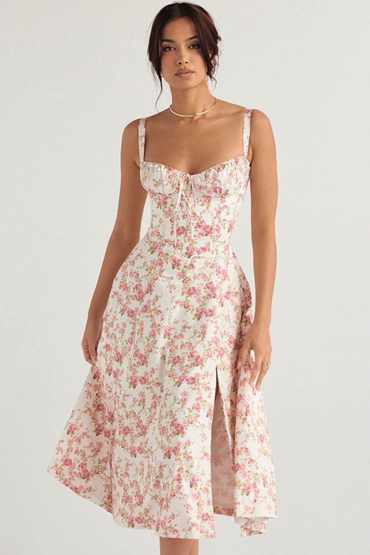 Women's Midi Dress Pink Floral Cotton Summer Dress 0